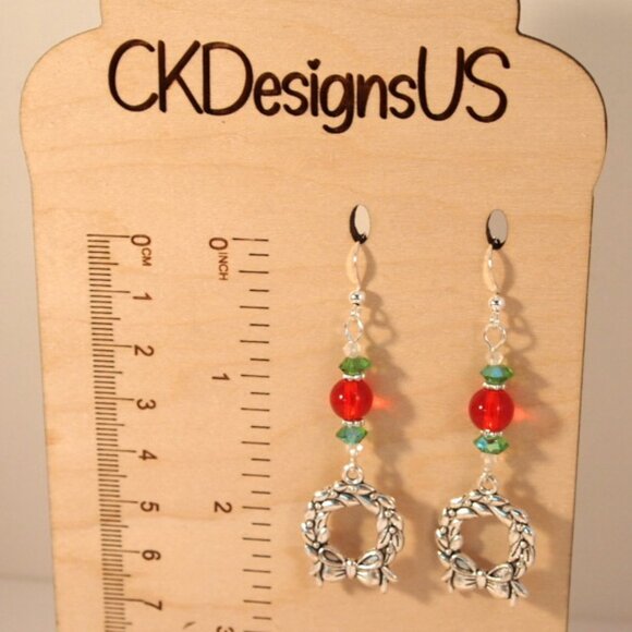 Christmas Wreath Earrings Dangle Pierced or Clip-on Earrings Silver Earrings - Picture 7 of 9